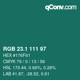 カラーコード: RGB 23.1 111 97 | qconv.com