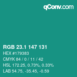 カラーコード: RGB 23.1 147 131 | qconv.com