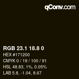 Color code: RGB 23.1 18.8 0 | qconv.com