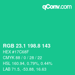 カラーコード: RGB 23.1 198.8 143 | qconv.com