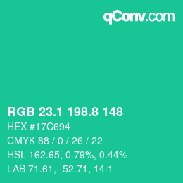 カラーコード: RGB 23.1 198.8 148 | qconv.com