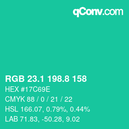 カラーコード: RGB 23.1 198.8 158 | qconv.com