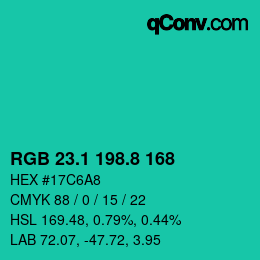カラーコード: RGB 23.1 198.8 168 | qconv.com