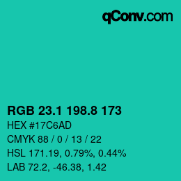 カラーコード: RGB 23.1 198.8 173 | qconv.com