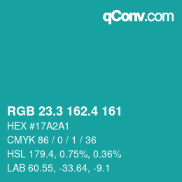 カラーコード: RGB 23.3 162.4 161 | qconv.com