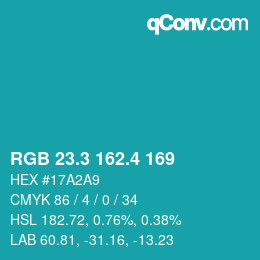 カラーコード: RGB 23.3 162.4 169 | qconv.com