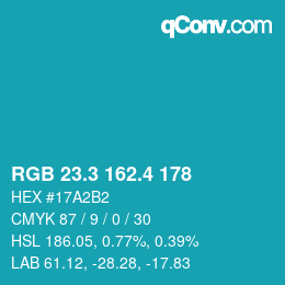 カラーコード: RGB 23.3 162.4 178 | qconv.com