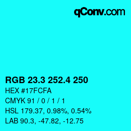 カラーコード: RGB 23.3 252.4 250 | qconv.com