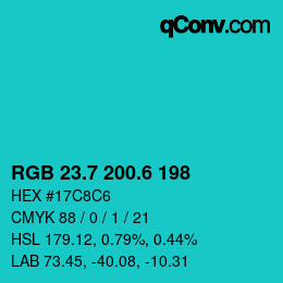 カラーコード: RGB 23.7 200.6 198 | qconv.com