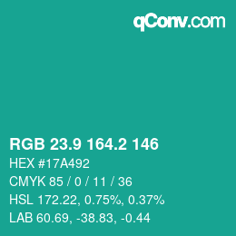 カラーコード: RGB 23.9 164.2 146 | qconv.com