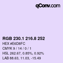 Color code: RGB 230.1 216.8 252 | qconv.com