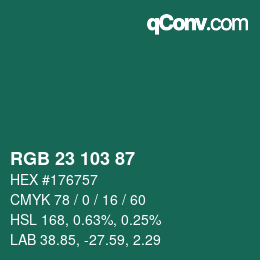 Color code: RGB 23 103 87 | qconv.com
