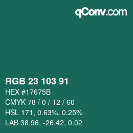 Color code: RGB 23 103 91 | qconv.com