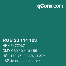 カラーコード: RGB 23 114 103 | qconv.com