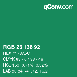 カラーコード: RGB 23 138 92 | qconv.com