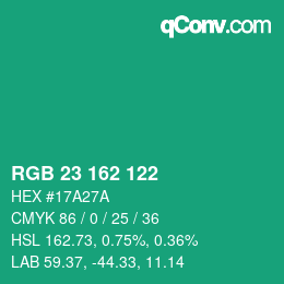 カラーコード: RGB 23 162 122 | qconv.com