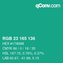 カラーコード: RGB 23 165 136 | qconv.com