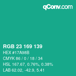 Color code: RGB 23 169 139 | qconv.com