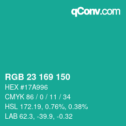 カラーコード: RGB 23 169 150 | qconv.com