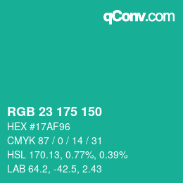 カラーコード: RGB 23 175 150 | qconv.com