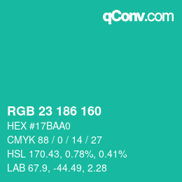 Color code: RGB 23 186 160 | qconv.com