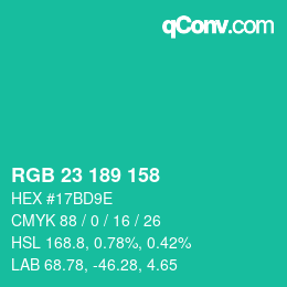 カラーコード: RGB 23 189 158 | qconv.com