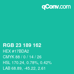 颜色代码: RGB 23 189 162 | qconv.com