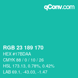 カラーコード: RGB 23 189 170 | qconv.com