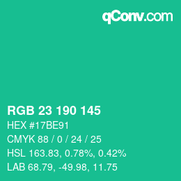 カラーコード: RGB 23 190 145 | qconv.com