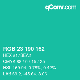 カラーコード: RGB 23 190 162 | qconv.com