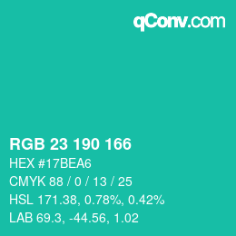 カラーコード: RGB 23 190 166 | qconv.com