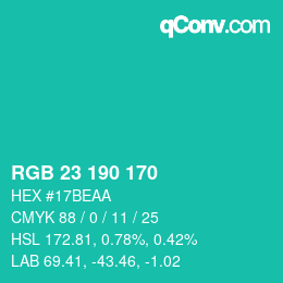 カラーコード: RGB 23 190 170 | qconv.com
