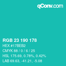 カラーコード: RGB 23 190 178 | qconv.com