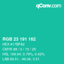 カラーコード: RGB 23 191 162 | qconv.com