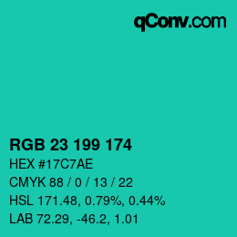 カラーコード: RGB 23 199 174 | qconv.com