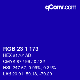 カラーコード: RGB 23 1 173 | qconv.com
