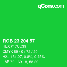 カラーコード: RGB 23 204 57 | qconv.com