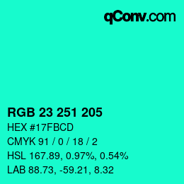 カラーコード: RGB 23 251 205 | qconv.com