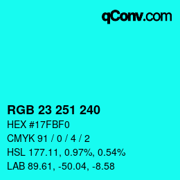 カラーコード: RGB 23 251 240 | qconv.com