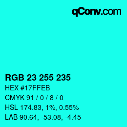 カラーコード: RGB 23 255 235 | qconv.com
