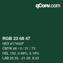 Color code: RGB 23 68 47 | qconv.com