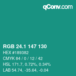 カラーコード: RGB 24.1 147 130 | qconv.com