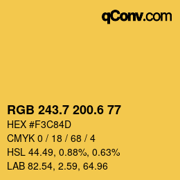 カラーコード: RGB 243.7 200.6 77 | qconv.com