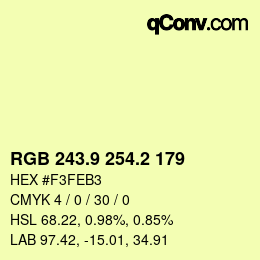 Color code: RGB 243.9 254.2 179 | qconv.com