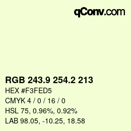 Color code: RGB 243.9 254.2 213 | qconv.com