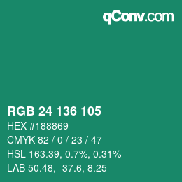 カラーコード: RGB 24 136 105 | qconv.com