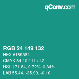 カラーコード: RGB 24 149 132 | qconv.com