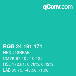 Color code: RGB 24 191 171 | qconv.com