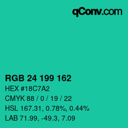 カラーコード: RGB 24 199 162 | qconv.com