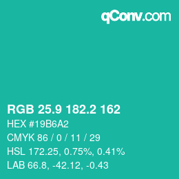 カラーコード: RGB 25.9 182.2 162 | qconv.com